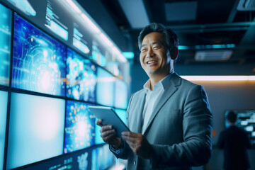 businessman (Asian),cheerful  and smiling, holding a digital tablet  smile, stands confidently in a modern boardroom with colleagues and interacting with futuristic touchscreens and devices on a blue 