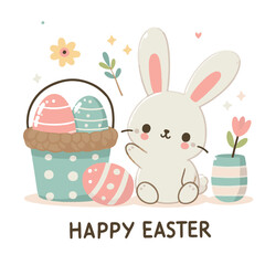Fototapeta premium Cute Little Rabbit With Easter Eggs Vector Illustration