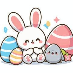 Cute Little Rabbit With Easter Eggs  Vector Illustration