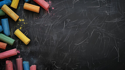 Black dirty chalkboard texture with different colors of chalk pieces, copy space - obrazy, fototapety, plakaty