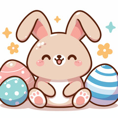 Cute Little Rabbit With Easter Eggs  Vector Illustration