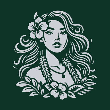 Beautiful Hawaiian young woman with flowers in her hair. vintage flat simple vector monochrome filled illustration. Icon, emblem, logo