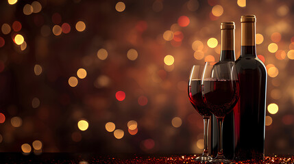 Bottle of red wine and two wine glasses on a festive background