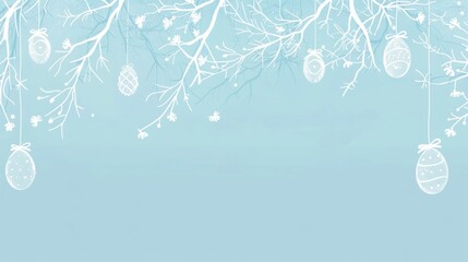 a completely light blue background, a light fade in color. On the upper side of the image are shapes of easter eggs hanging on branches.