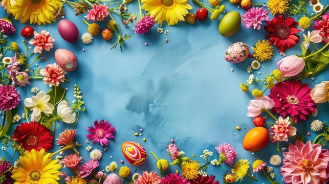 a colorful Easter background with colorful flowers and easter eggs, center of the image is clean 