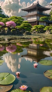 Vertical video animation of traditional Japanese building,  temple surrounded by a lush garden with blooming flowers and lily pads floating