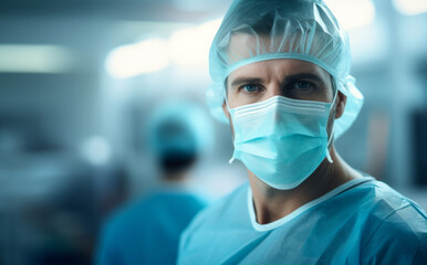 Fototapeta na wymiar Portrait of a doctor medical worker in surgical clothing in an operating room, concept of surgery and professionalism in the medical field 