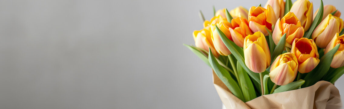 A bouquet of yellow and orange tulips on a craft paper on a white background