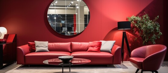A modern living room featuring vibrant red walls and coordinating furniture. A stylish mirror hangs near the wall, reflecting the bold color scheme. The room exudes a contemporary and bold aesthetic.