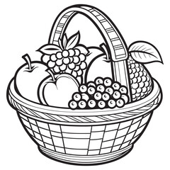 Fruits on a Basket coloring page, Fruits outline drawing coloring book pages for children