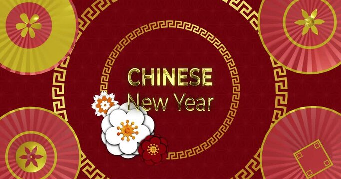 Animation of chinese new year ext over chinese pattern on red background
