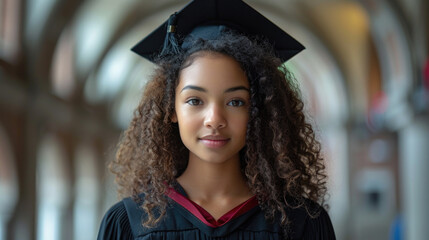  a young woman in a graduation cap and gown, standing confidently in an academic setting. - obrazy, fototapety, plakaty