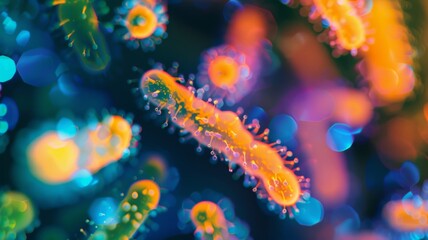 Fototapeta na wymiar Colorful, abstract visualization of microbes - Abstract, vibrant visualization of microbes with glowing details, creating a sense of movement and life in a microscopic world