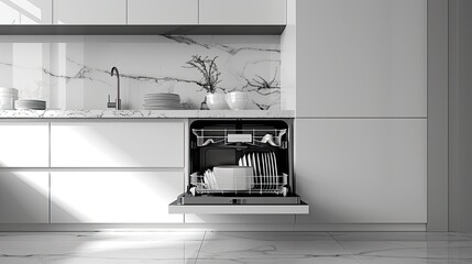 an open dishwasher revealing a few clean dishes neatly arranged inside, the sleek design and functionality of the white kitchen decor.