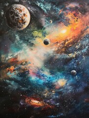 Obraz na płótnie Canvas Cosmic scenery with color-infused nebula - An abstract cosmic painting representing a vibrant nebula infused with contrasting colors and celestial bodies