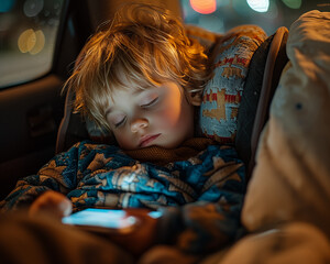Child with tablet sleeping in back seat of vehicle