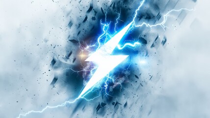 Electric lightning bolt shattering surface - High-energy image depicting an intense lightning strike shattering a surface, amidst a dynamic stormy background
