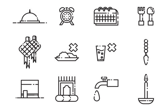 collection of 12 simple Ramadan icons in line style