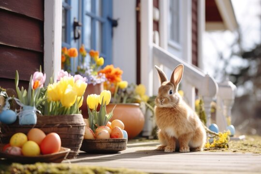 Rural house Easter decorated porch with pet rabbit, easter eggs and spring flowers