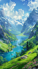Fototapeta na wymiar Fantasy landscape with mountains and lake - A digital painting depicting a lush, vibrant fantasy landscape with towering mountains, a serene lake, and a clear blue sky
