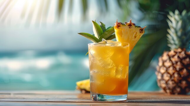 a glass of pineapple juice with a straw on a table with a view of the ocean and a palm tree