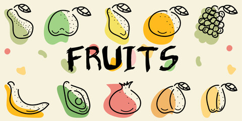 Colorful Doodle set Fruits: pear, lemon, orange, avocado, grapes. Editable stroke. Multicolored vector hand drawn illustration done in black, green, orange, red colors. Isolated on yellow background	
