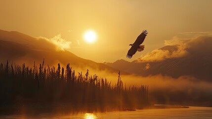 Fototapeta premium a bald eagle as it soars gracefully over the breathtaking Alaskan wilderness, with snow-capped mountains and dense evergreen forests.
