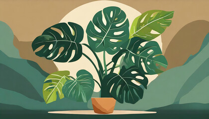 Digital art illustration of a luscious green Monstera plant with big leaves with holes in a nice brown pot or planter.