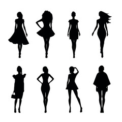 Collection of  fashion women  black silhouettes isolated on white