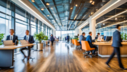 Blurry out of focus background of a bright clean office with desks, computer screens, chairs and business people walking around. ai generated