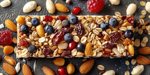 chocolate and nuts, energy bar top view 