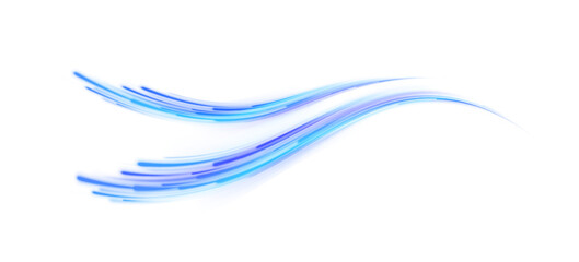 Blue air flow wave effect set. Design element for visualizing air or water flow. Light, light garland PNG. Light arc in blue colors, in the form of a turn and a zigzag.	