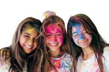 Photo of girls playing holi, selfie of three girl after holi celebration, color on girls face