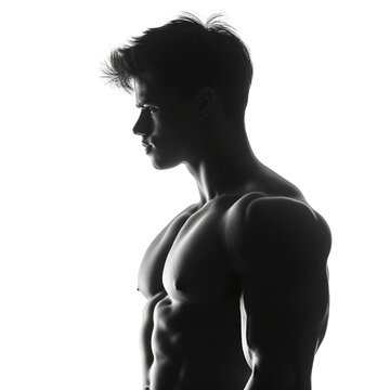 Black and white photo of a shirtless muscular man 
