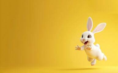 Obraz premium 3D Cartoon white easter bunny jumping, isolated on a yellow background