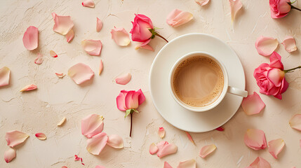 Cup of coffee and flower petals on a beige background. Flat lay, top view, empty copy space