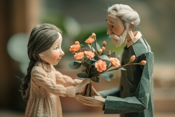 Elderly Man Gifting Flowers to Young Girl in Paper Art Style