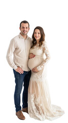 Pregnant Woman in Elegant White Dress with Loving Partner