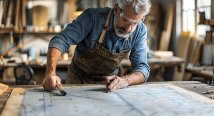 Experienced Craftsman Working on Architectural Drawings