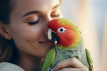 woman and her beloved parrot. The parrot, brightly colored with orange, green, and yellow feathers, appears attentive - Powered by Adobe
