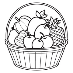 Fruits on a Basket coloring page, Fruits outline drawing coloring book pages for children