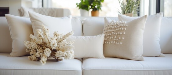 A white couch in a living room is adorned with a variety of colorful pillows. The pillows add a pop of color and comfort to the simple design of the couch.