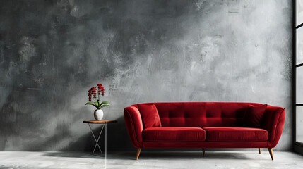 A spacious room with dark red sofa 