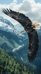 a bald eagle as it soars gracefully over the breathtaking Alaskan wilderness, with snow-capped mountains and dense evergreen forests.
