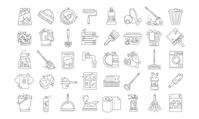 Set of 40 line cleaning web icons such as shampoo,sanitize,dishwashing detergent,cleaning tools,cleaning house,trash,broom,suspension. vector illustration on white background