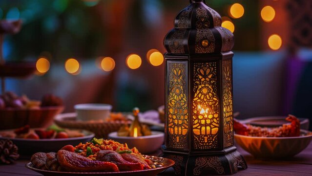 Ramadan Kareem, lantern, food, dusk scene with blurred string lights in the background