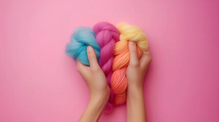 Elevated view hand holding colorful wool pink background
