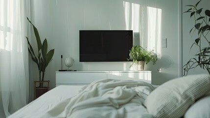 a bedroom with a clean white color palette, featuring a TV mounted elegantly on the wall above a stylish dresser.