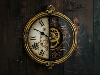 Horloge antique dont les deux moitiés sont séparées : l'une blanche, l'autre noire sur arrière-plan boisé - obrazy, fototapety, plakaty