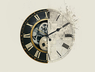 Horloge dont les deux moitiés sont séparées : l'une blanche et design, l'autre noire et antique sur arrière-plan blanc